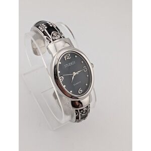 Studio‎ Time Watch Women 25mm Case Black Enamel Floral Bangle Band- New Battery